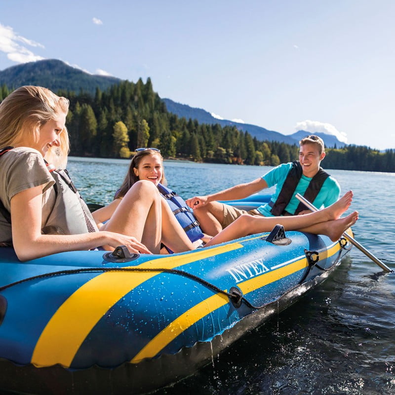 Bateau Gonflable Intex Challenger 3 – 3 Places + Rames + Gonfleur – Sécurité 3 Chambres – Pour étang, Lac, Mer Calme